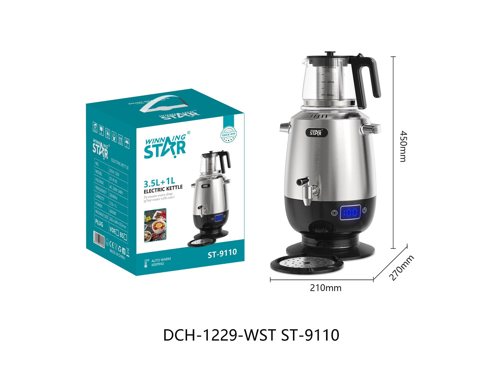 Elektrik samovar Winning Star ST-9110, 3.5+1 L, gümüşü/qara — 1